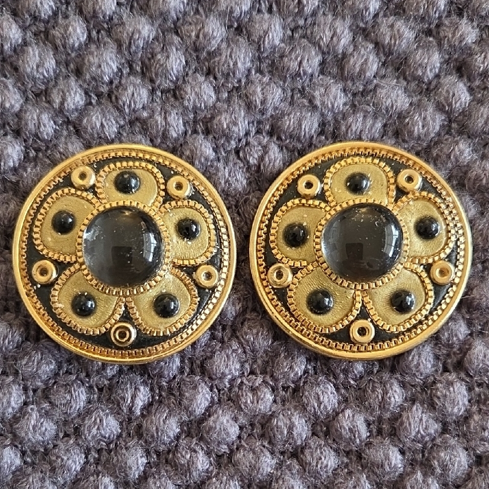 Vintage Michal Golan Gold and Black Button Earrings